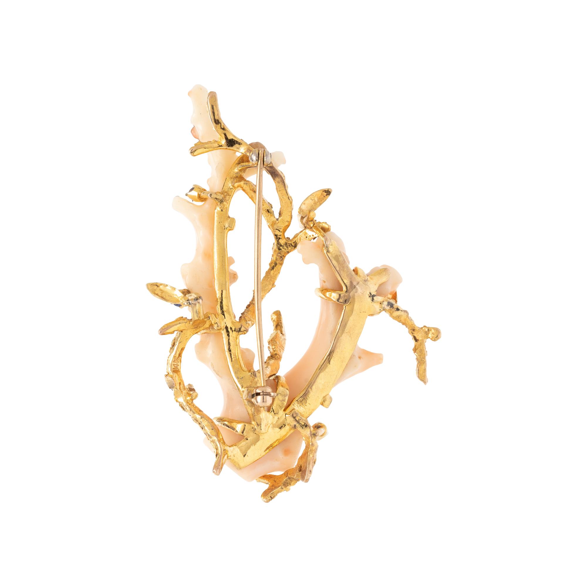 YELLOW GOLD, CORAL, SAPPHIRE AND RUBY BROOCH