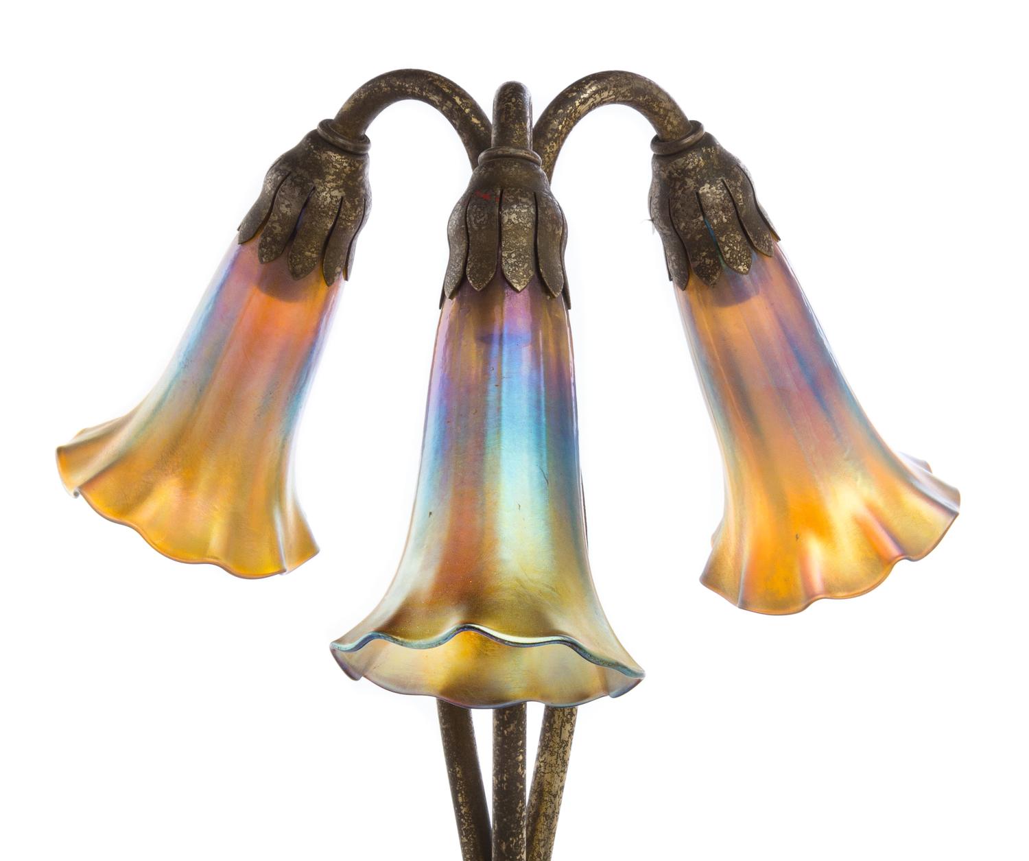 Tiffany Studios, a three-light Lily lamp