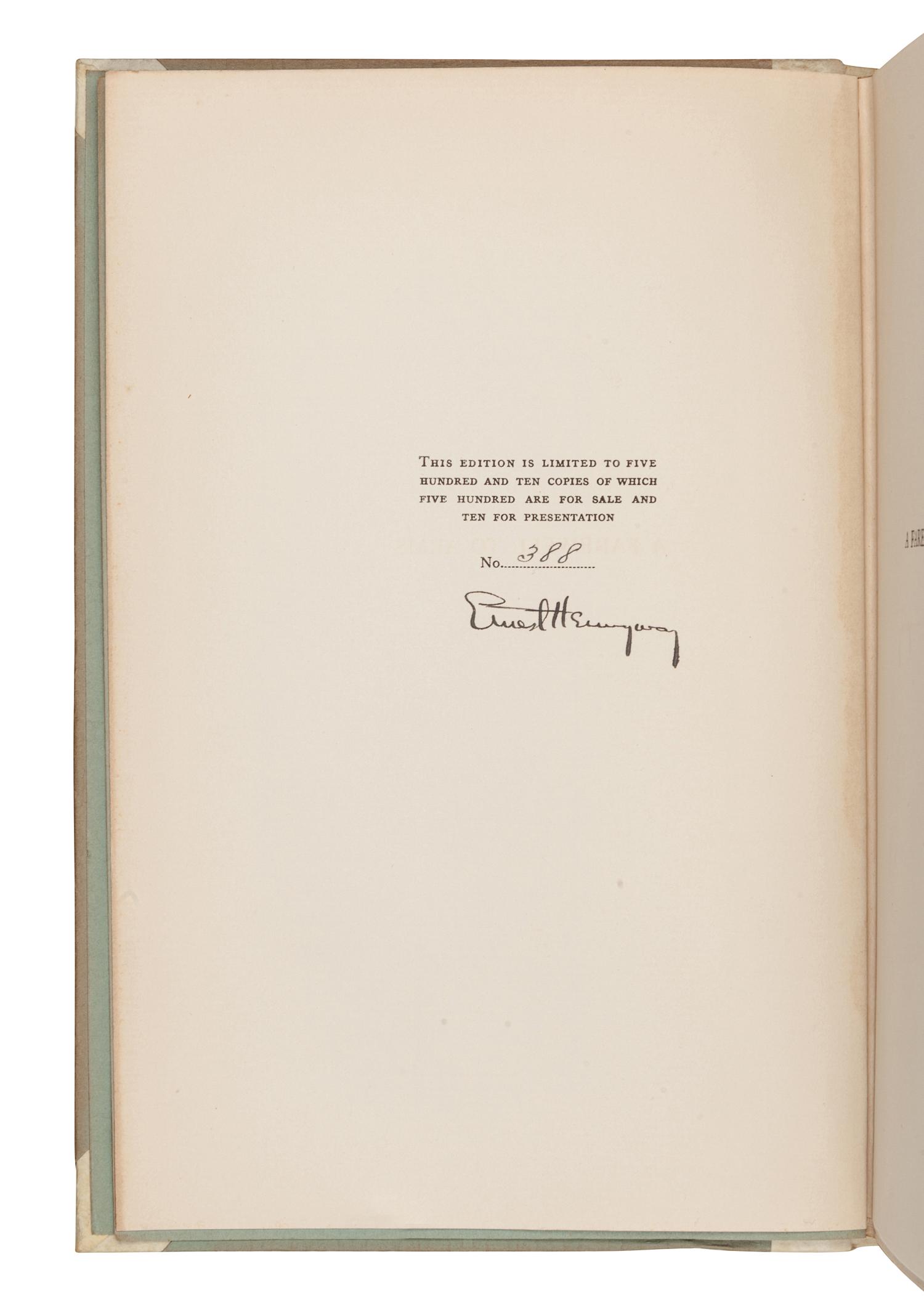 HEMINGWAY, Ernest (1899-1961). A Farewell to Arms . New York: Charles Scribner's Sons, 1929.