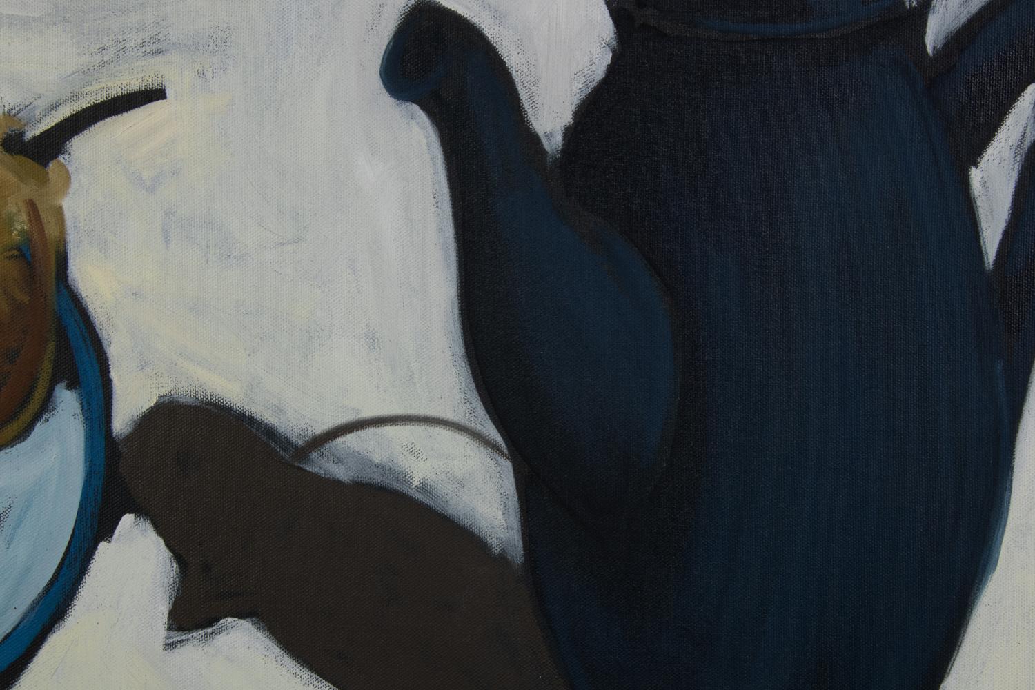 Dark Blue Teapot on White Table Cloth Still Life