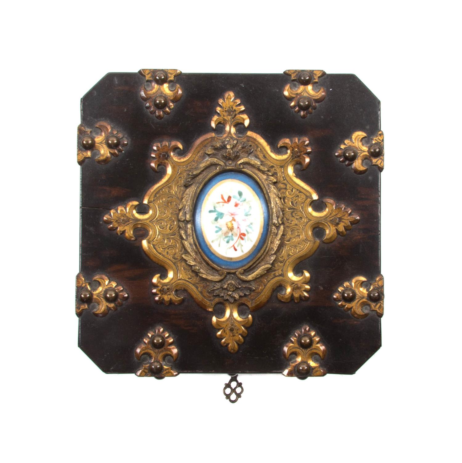 A French Brass and Porcelain Mounted Calamander Decanter Set, SECOND HALF 19TH CENTURY, Height 5 3/8 x width 5 3/4 inches. — SECOND HALF 19TH CENTURY,
