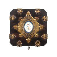 A French Brass and Porcelain Mounted Calamander Decanter Set, SECOND HALF 19TH CENTURY, Height 5 3/8 x width 5 3/4 inches. — SECOND HALF 19TH CENTURY,