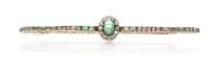 A Victorian Silver Topped Yellow Gold, Emerald and Diamond Bar Brooch, 5.90 dwts.