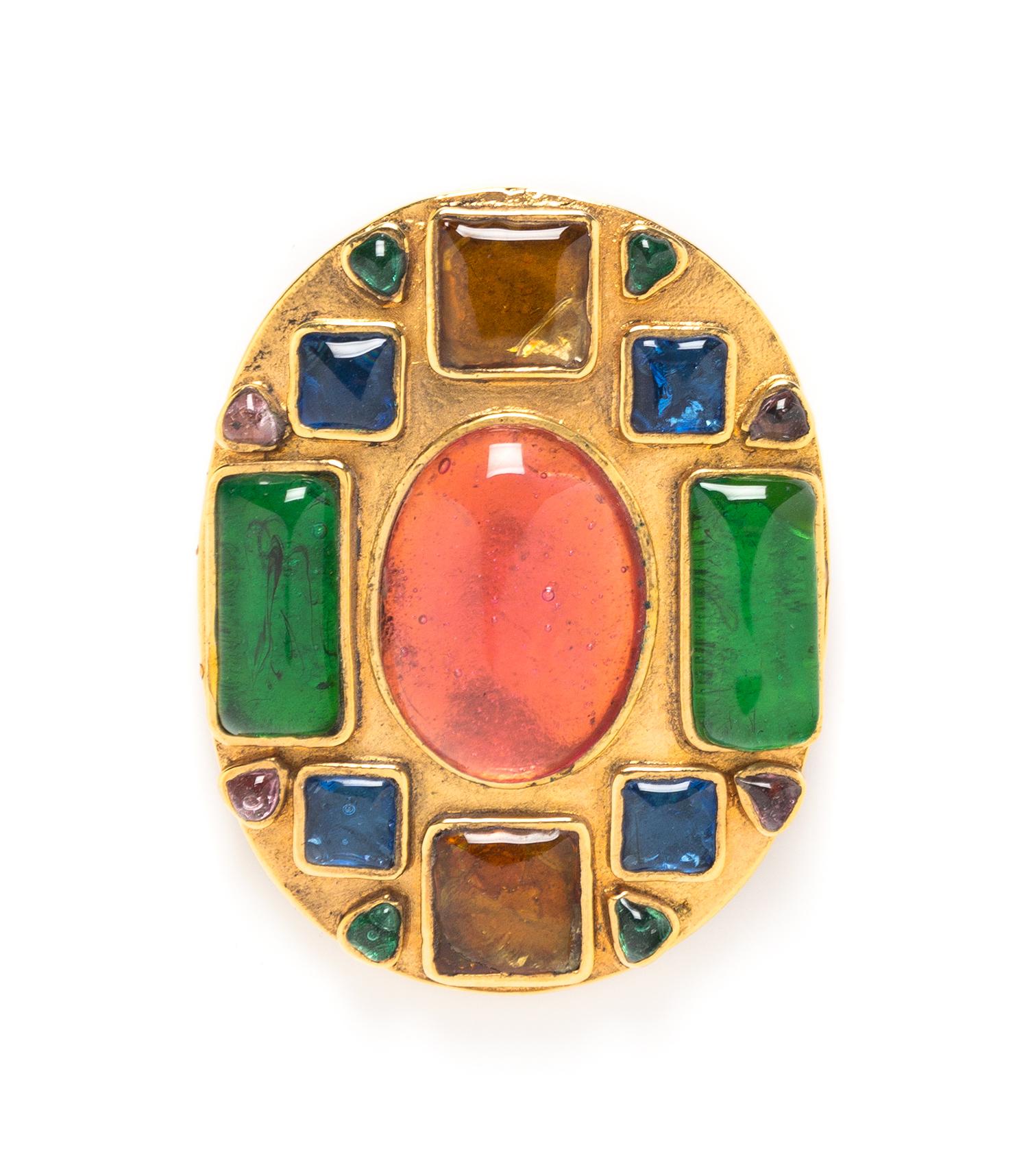 A Chanel Multicolor Gripoix and Goldtone Brooch, 2.5" x 2.2".