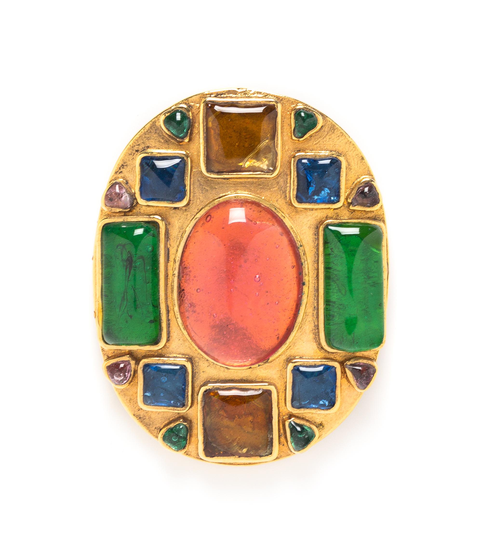 A Chanel Multicolor Gripoix and Goldtone Brooch, 2.5" x 2.2".