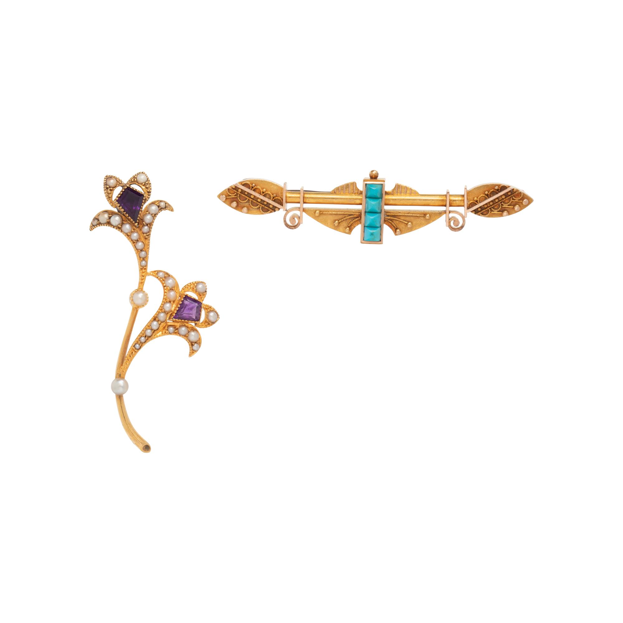 COLLECTION OF VICTORIAN, GOLD-FILLED AND GEMSTONE BROOCHES