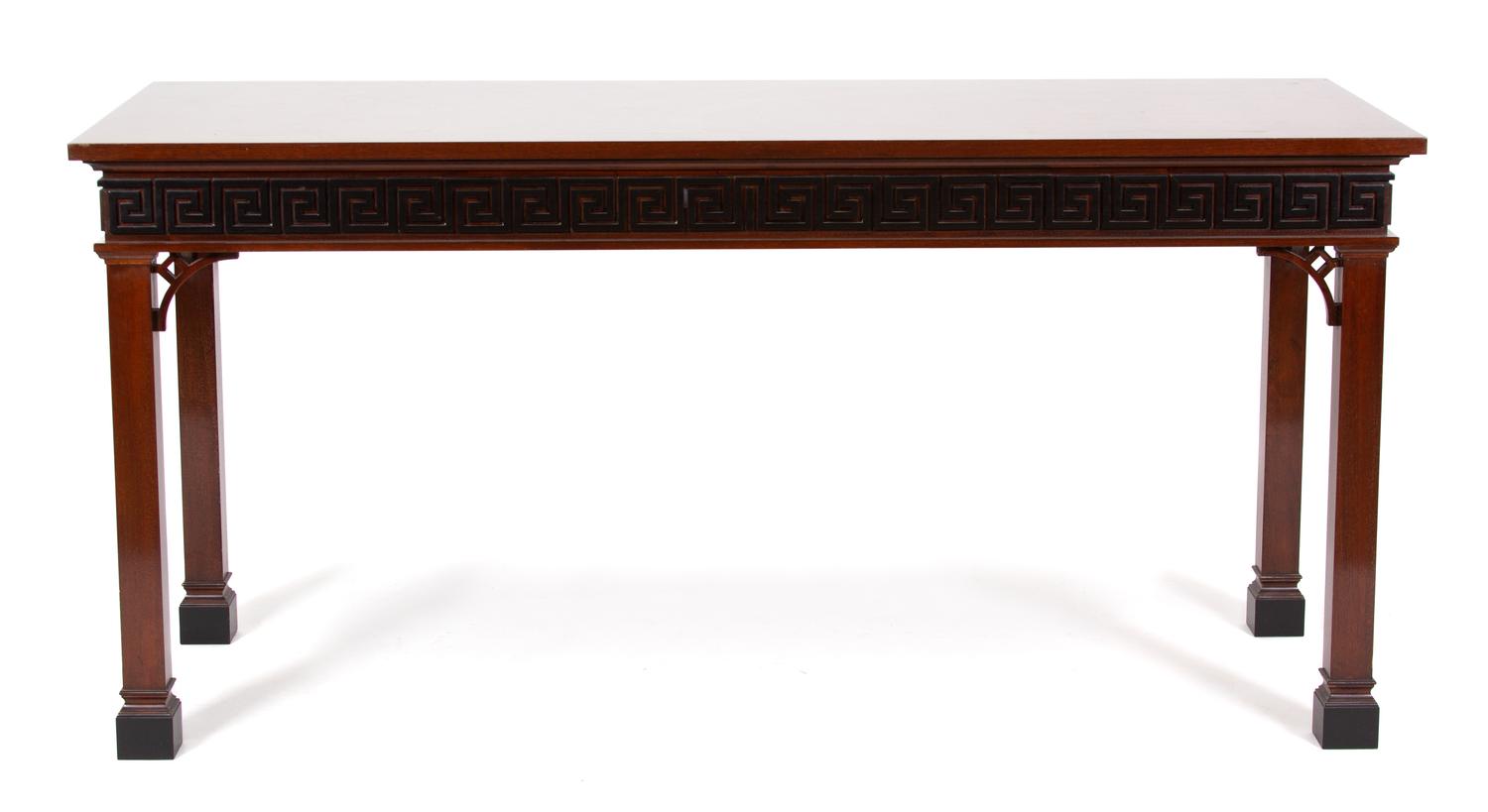 A Pair of Chinese Chippendale Style Carved Mahogany Hall Tables Height 35 x width 73 1/4 x depth 28 3/4 inches. — 20TH CENTURY