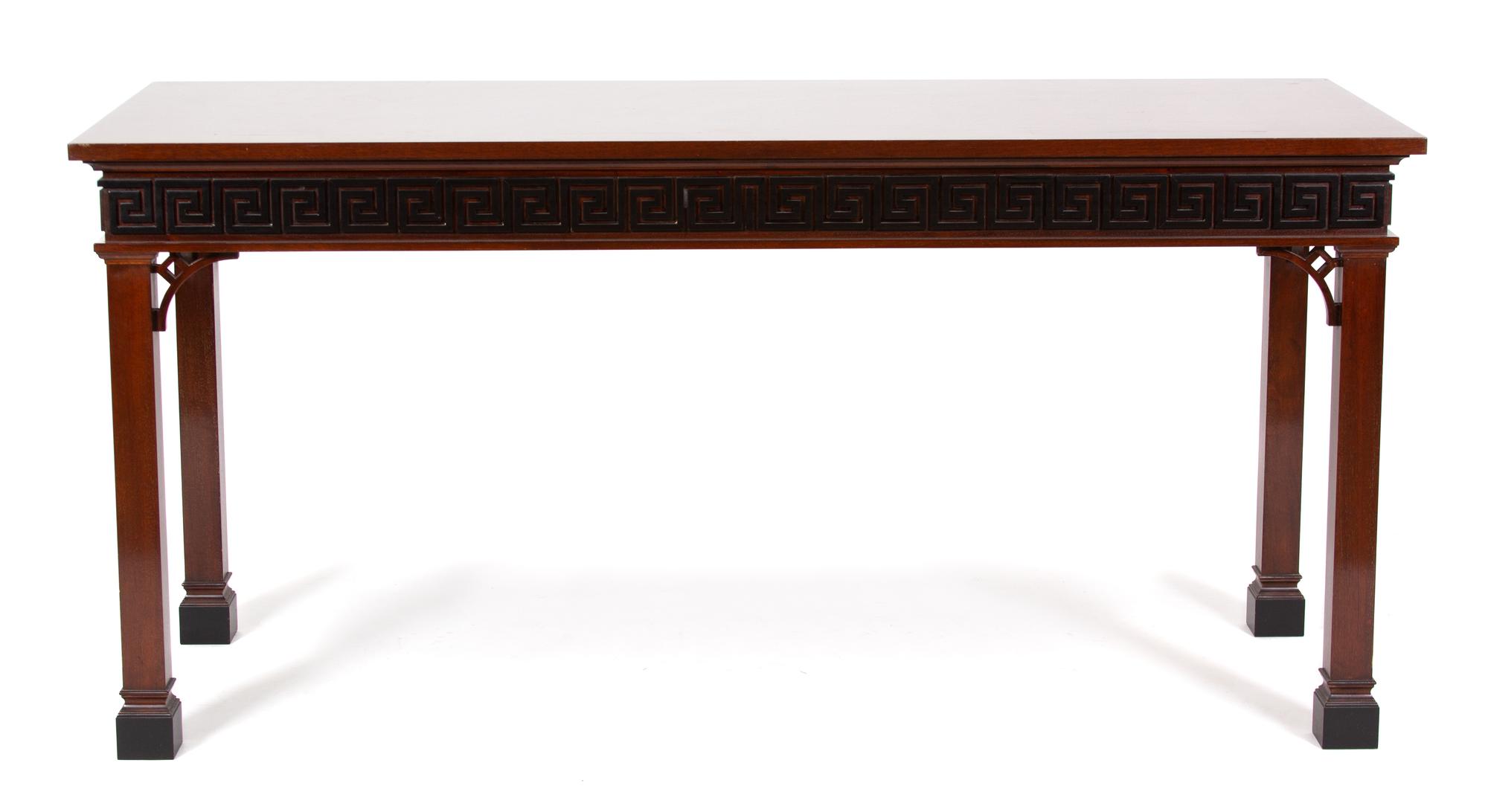 A Pair of Chinese Chippendale Style Carved Mahogany Hall Tables Height 35 x width 73 1/4 x depth 28 3/4 inches. — 20TH CENTURY