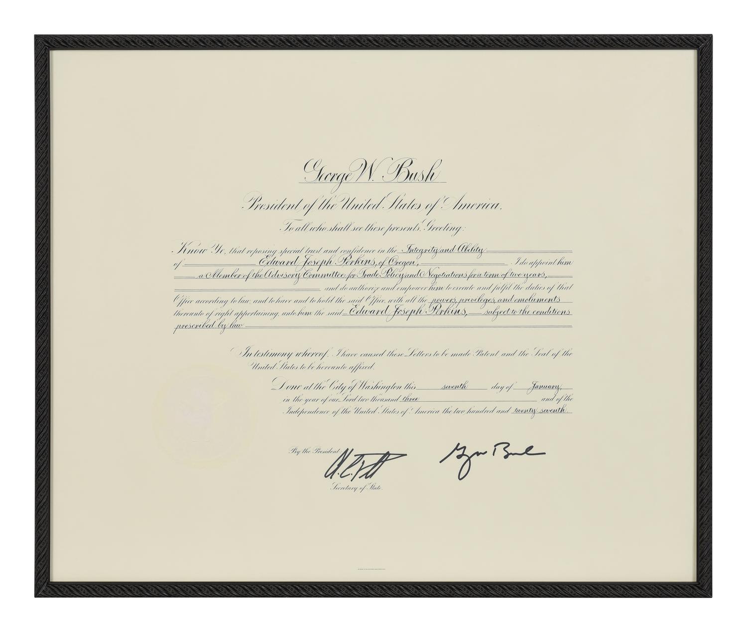 [POLITICS]. [PERKINS, Edward Joseph (1928-2020)]. A group of 9 appointments by Presidents Reagan, Bush, Clinton, and Bush to Perkins, presumably with secretarial or facsimile signatures, including: