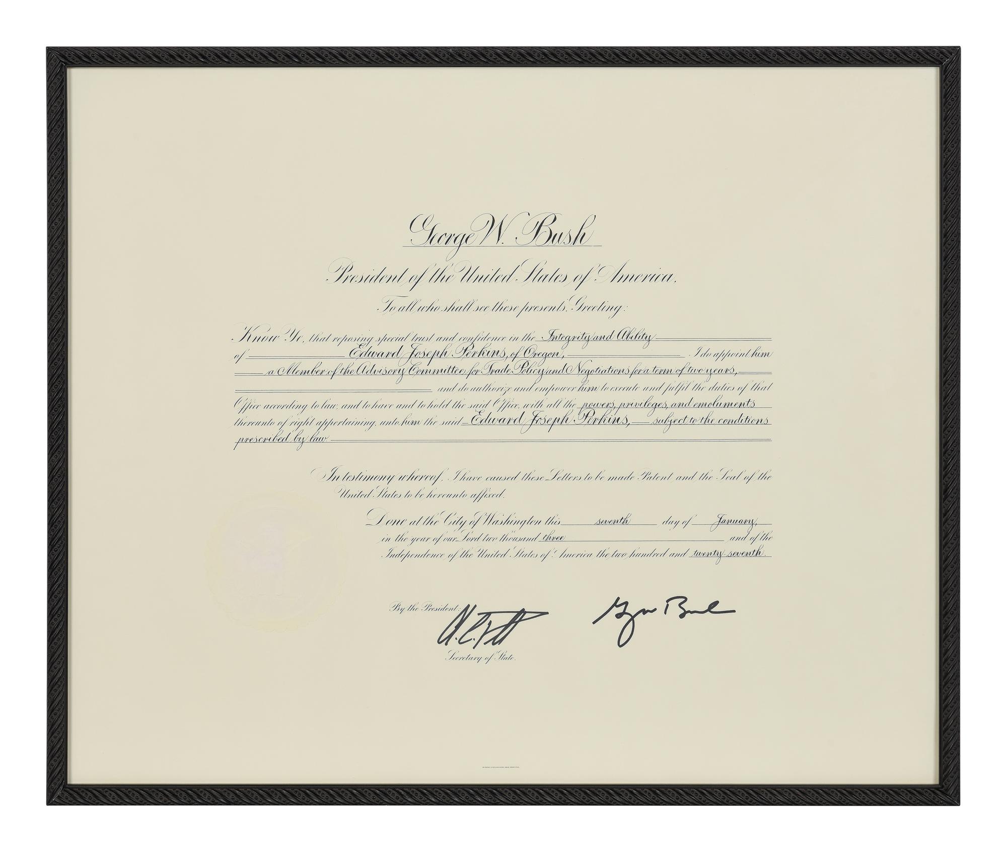 [POLITICS]. [PERKINS, Edward Joseph (1928-2020)]. A group of 9 appointments by Presidents Reagan, Bush, Clinton, and Bush to Perkins, presumably with secretarial or facsimile signatures, including: