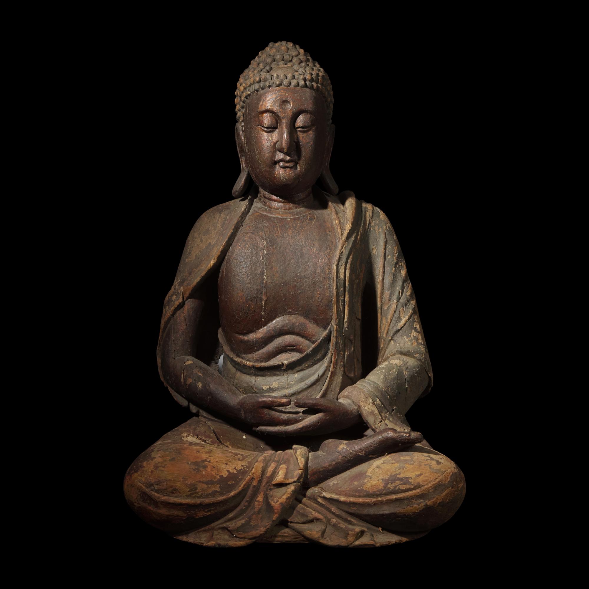 A Large Chinese Seated Parcel-Gilt Carved Wood Figure of the Buddha, Ming Dynasty 明 木雕坐佛