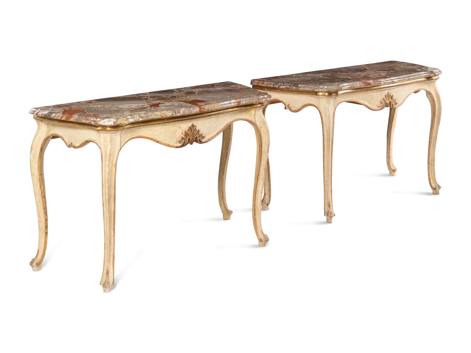A Pair of Italian Painted and Parcel-Gilt Marble-Top Console Tables