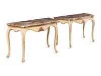 A Pair of Italian Painted and Parcel-Gilt Marble-Top Console Tables
