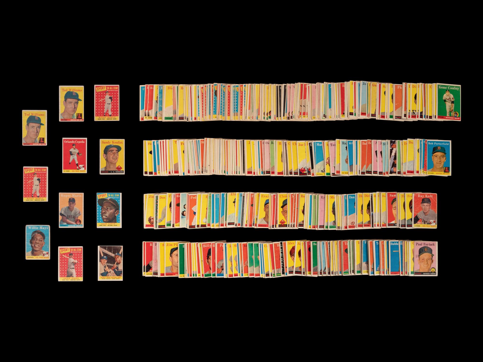 A Group of Over 800 Assorted 1958 Topps Baseball Cards Including Mickey Mantle, Roger Maris Rookie, and Multiple Hall of Famers