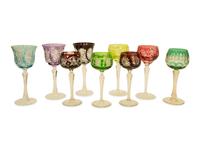 A Collection of Bohemian Cut-to-Clear Colored Glass Wine Goblets — 19th Century