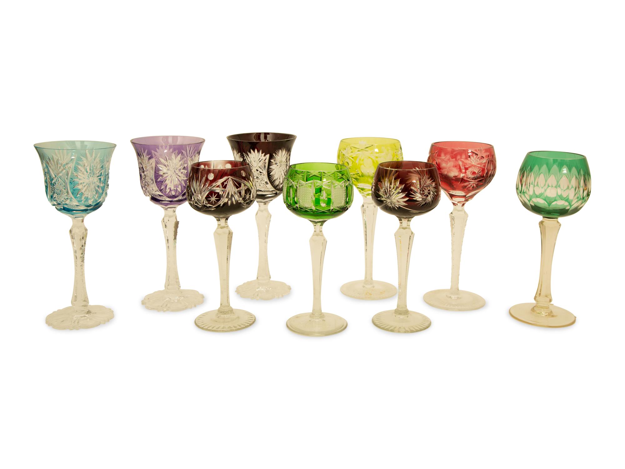 A Collection of Bohemian Cut-to-Clear Colored Glass Wine Goblets — 19th Century