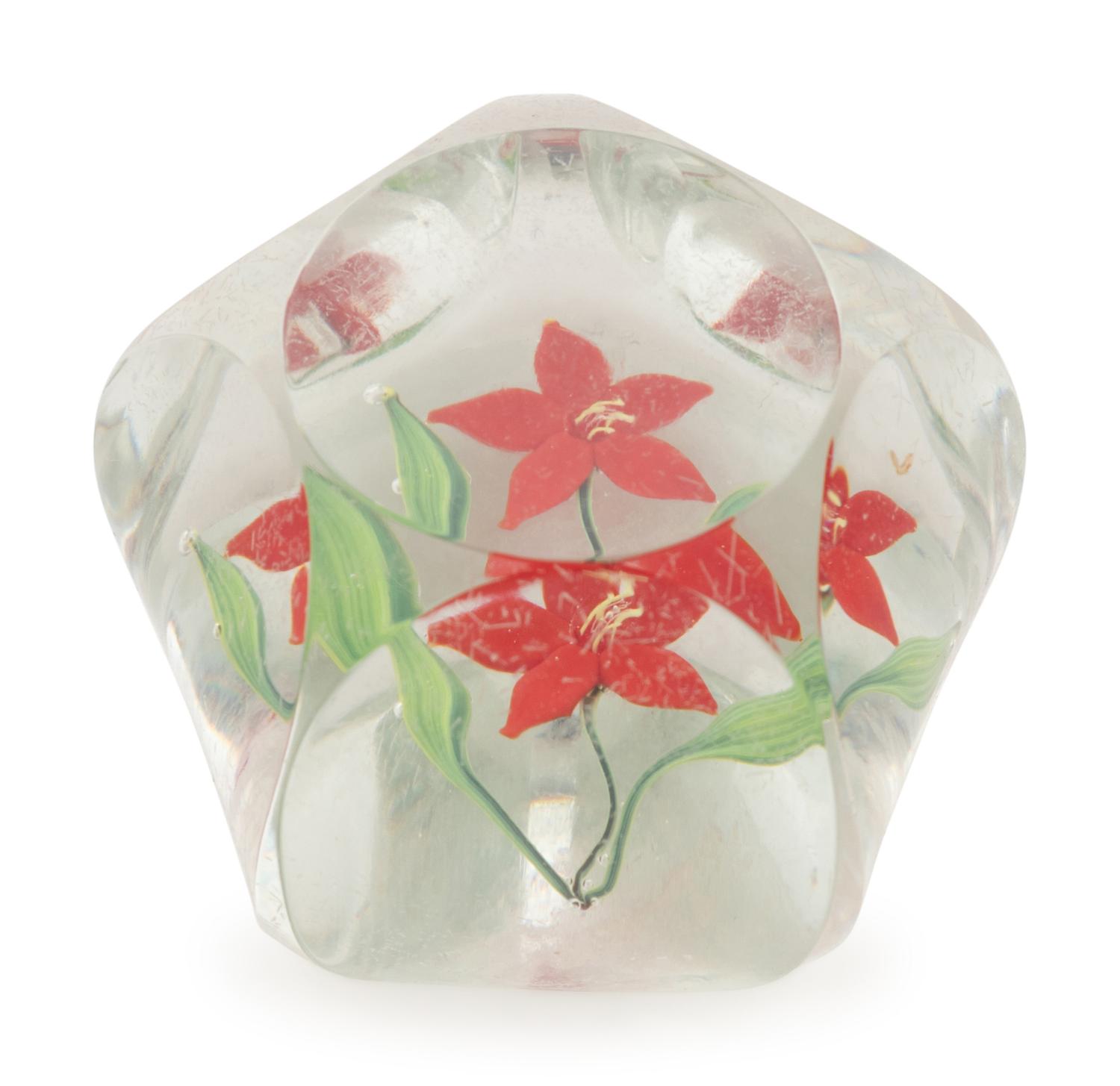 A Paul Stankard Miniature Red Flower Faceted Paperweight