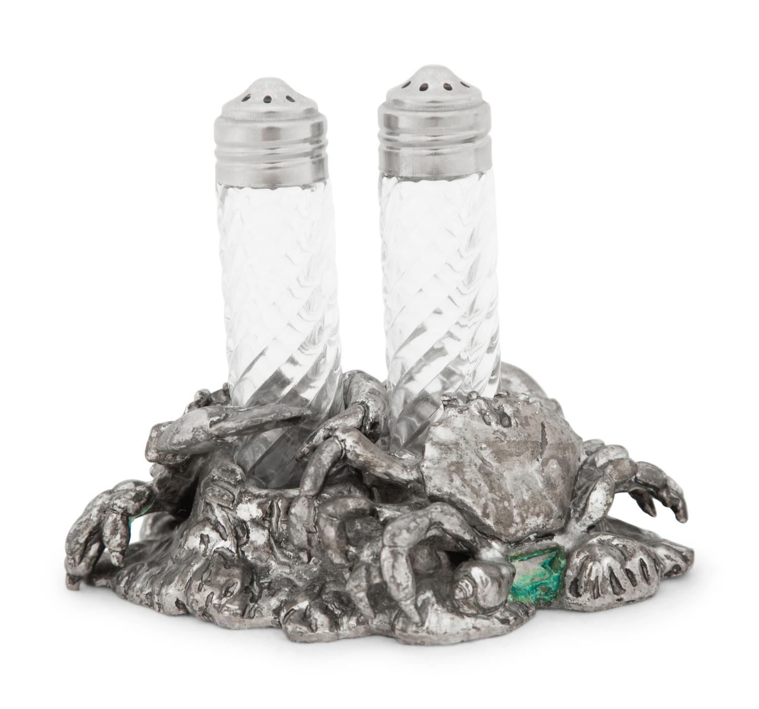 A Silvered Metal and Cut Glass 'Crab' Shaker Set