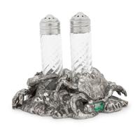 A Silvered Metal and Cut Glass 'Crab' Shaker Set