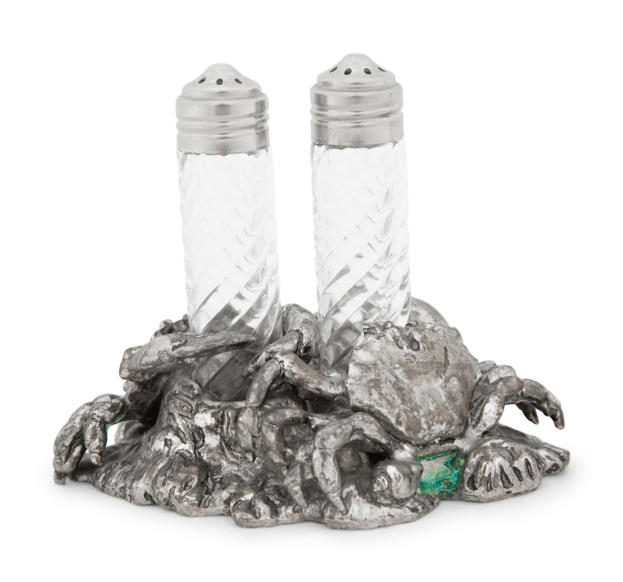 A Silvered Metal and Cut Glass 'Crab' Shaker Set