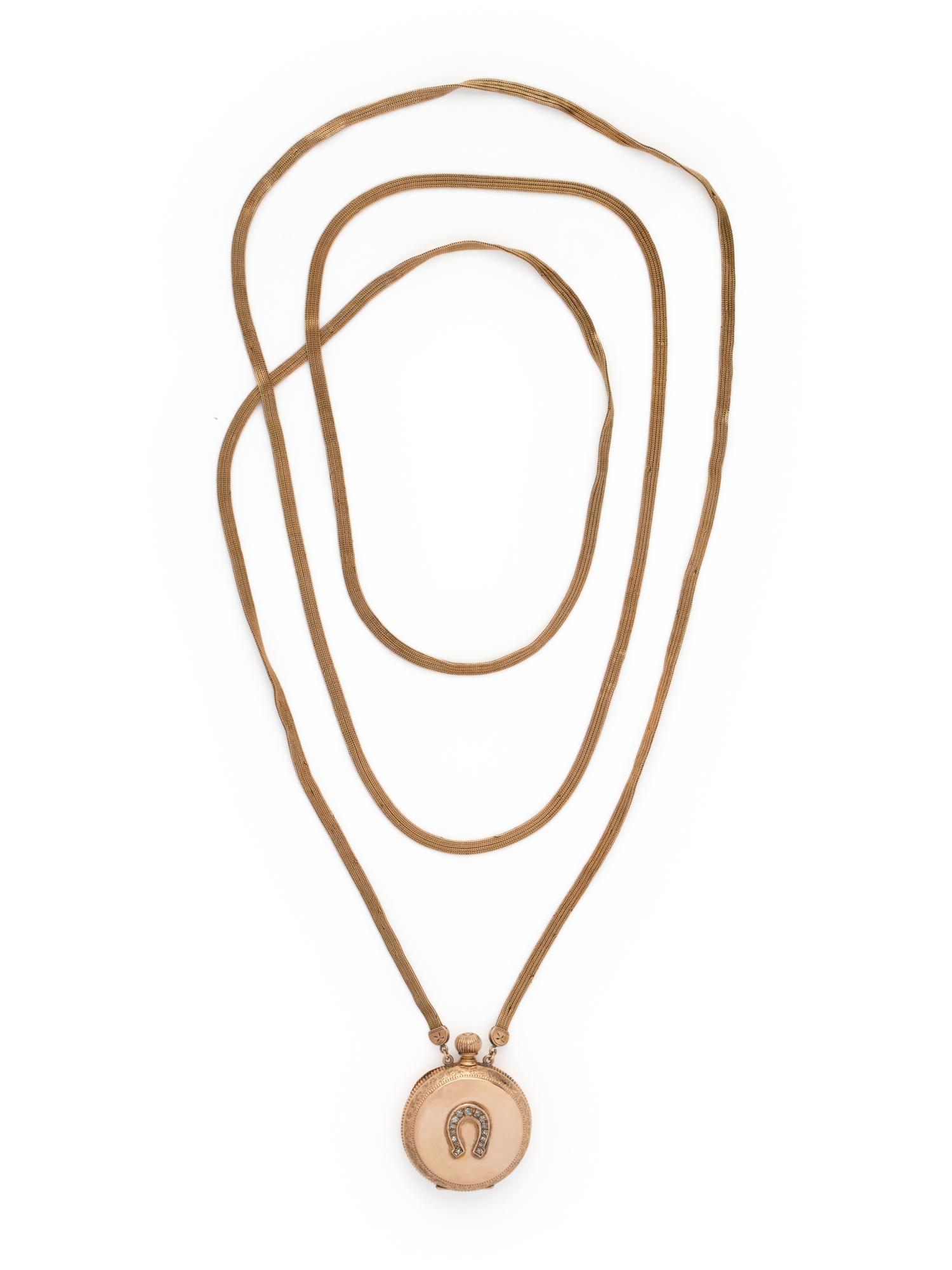 ELGIN, 14K YELLOW GOLD AND DIAMOND HUNTER CASE POCKET WATCH AND LONGCHAIN