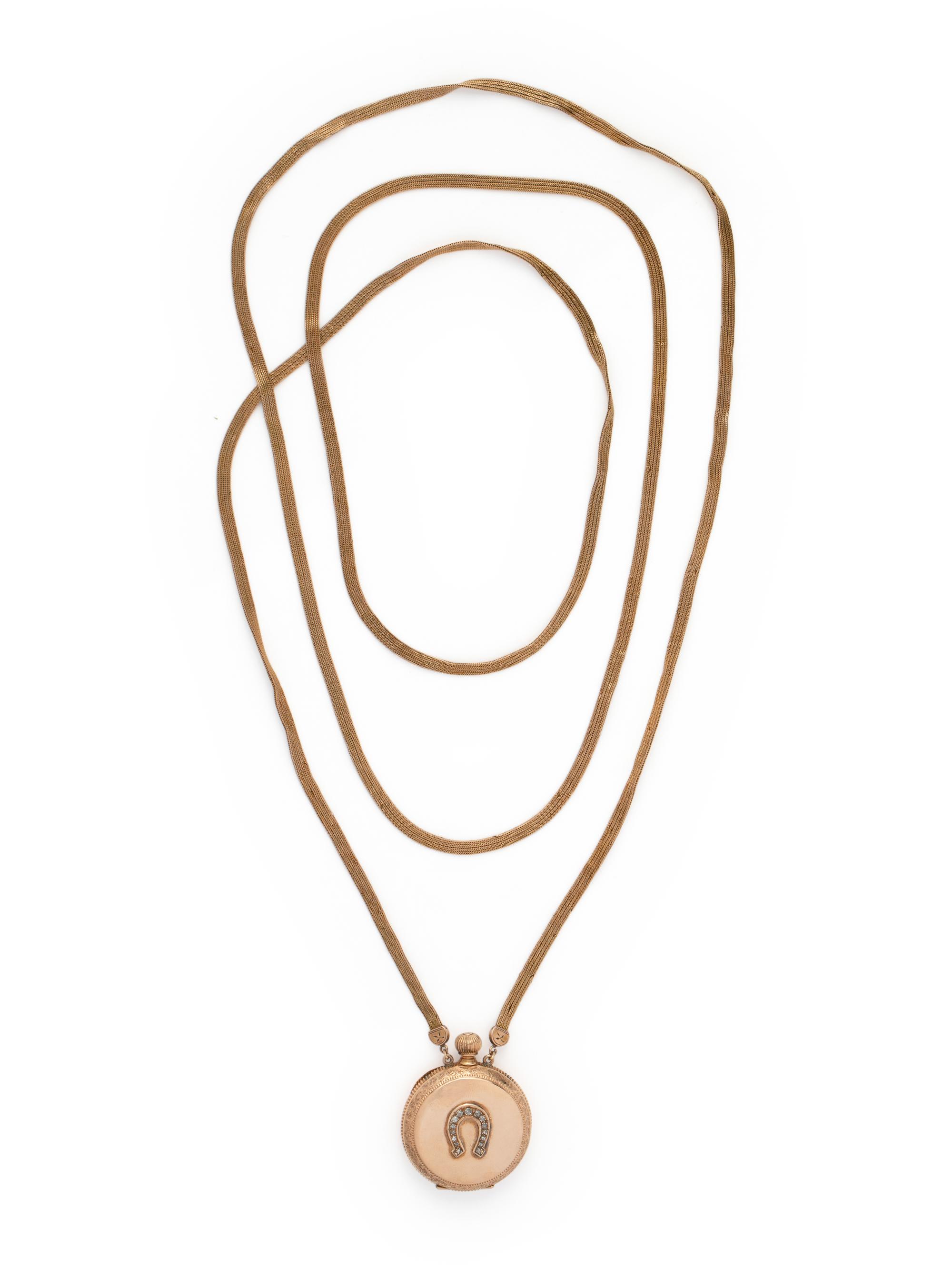 ELGIN, 14K YELLOW GOLD AND DIAMOND HUNTER CASE POCKET WATCH AND LONGCHAIN