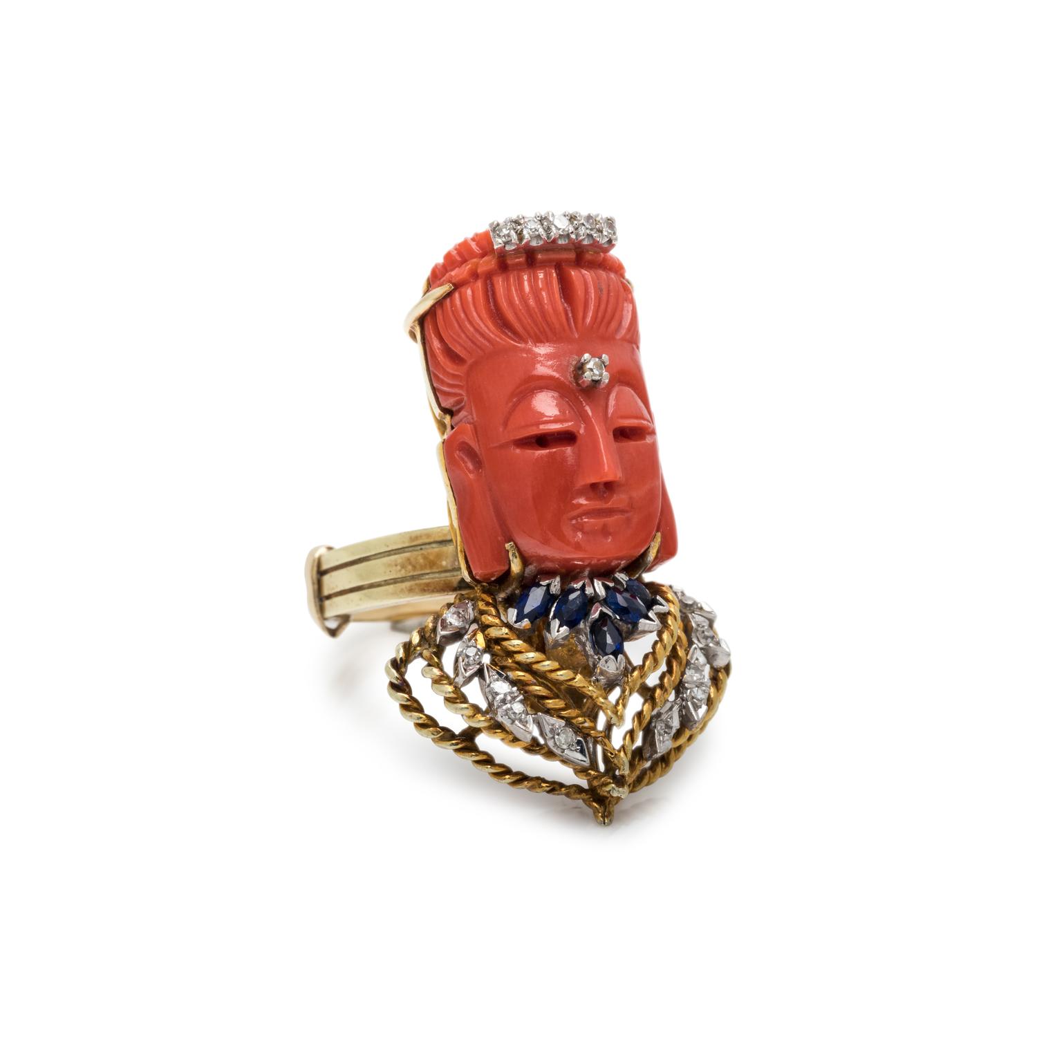 CORAL, SAPPHIRE AND DIAMOND CONVERTIBLE RING/PENDANT