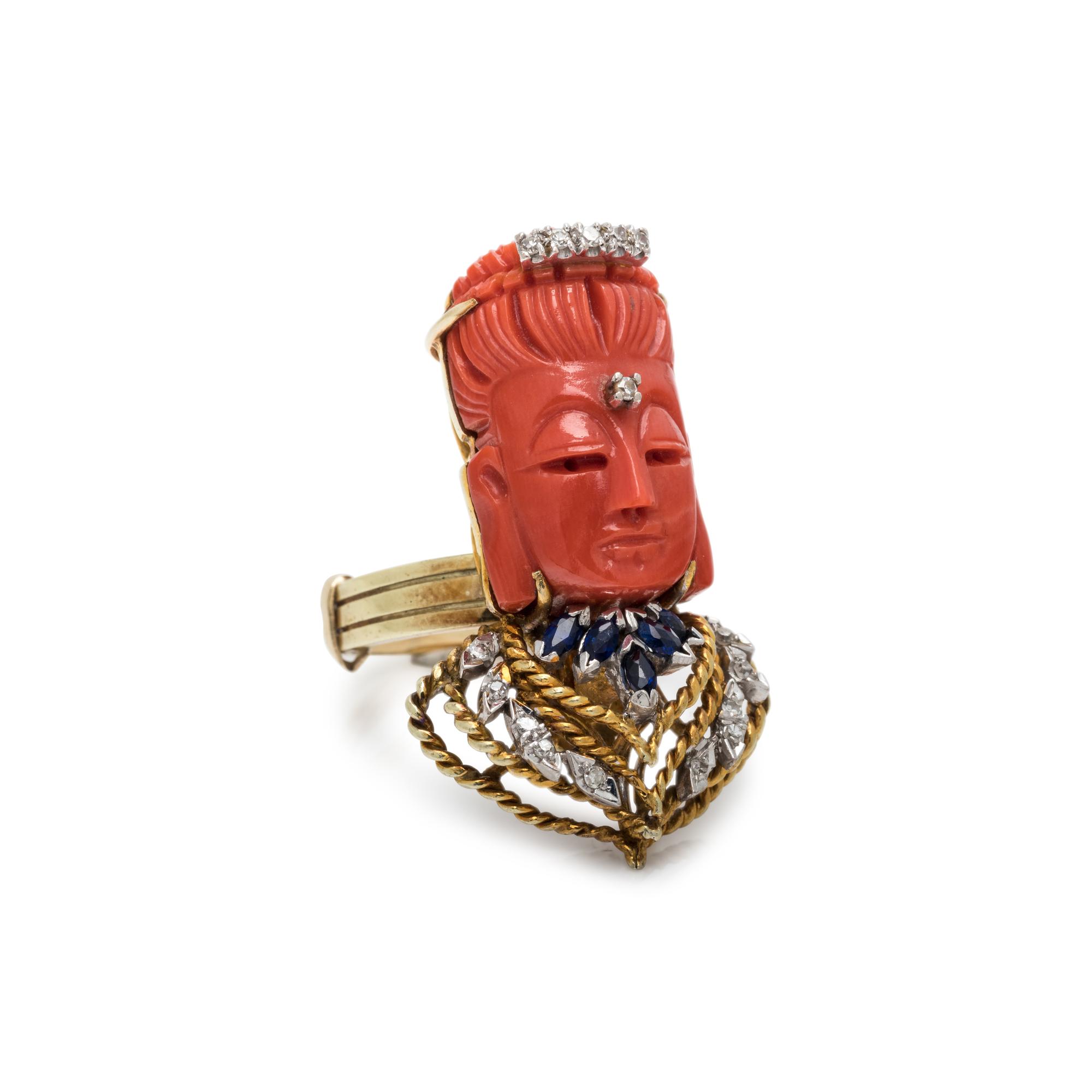 CORAL, SAPPHIRE AND DIAMOND CONVERTIBLE RING/PENDANT