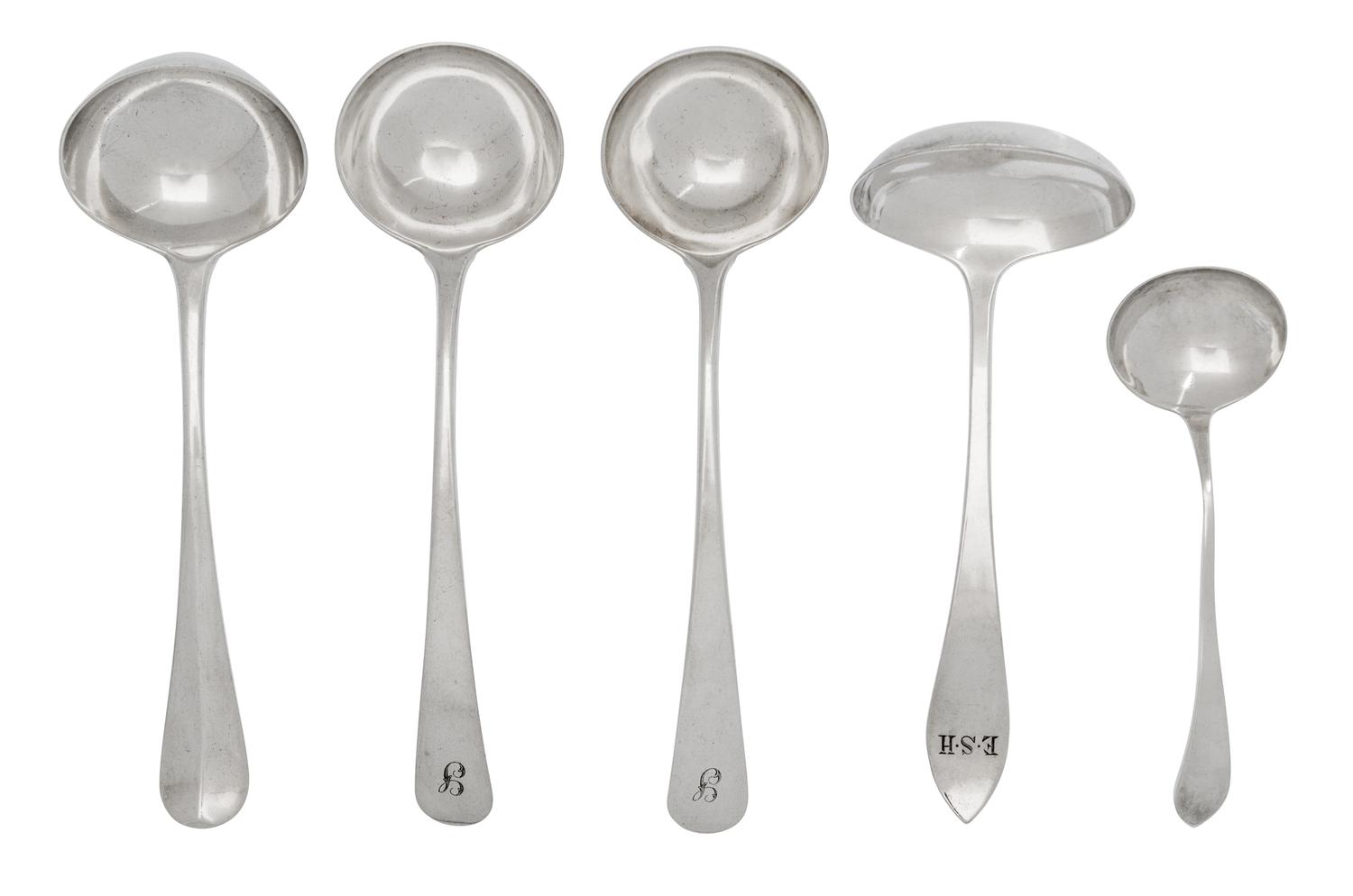 A Collection of Five American and English Silver Ladles, 20th Century, various makers and patterns.