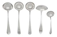 A Collection of Five American and English Silver Ladles, 20th Century, various makers and patterns.