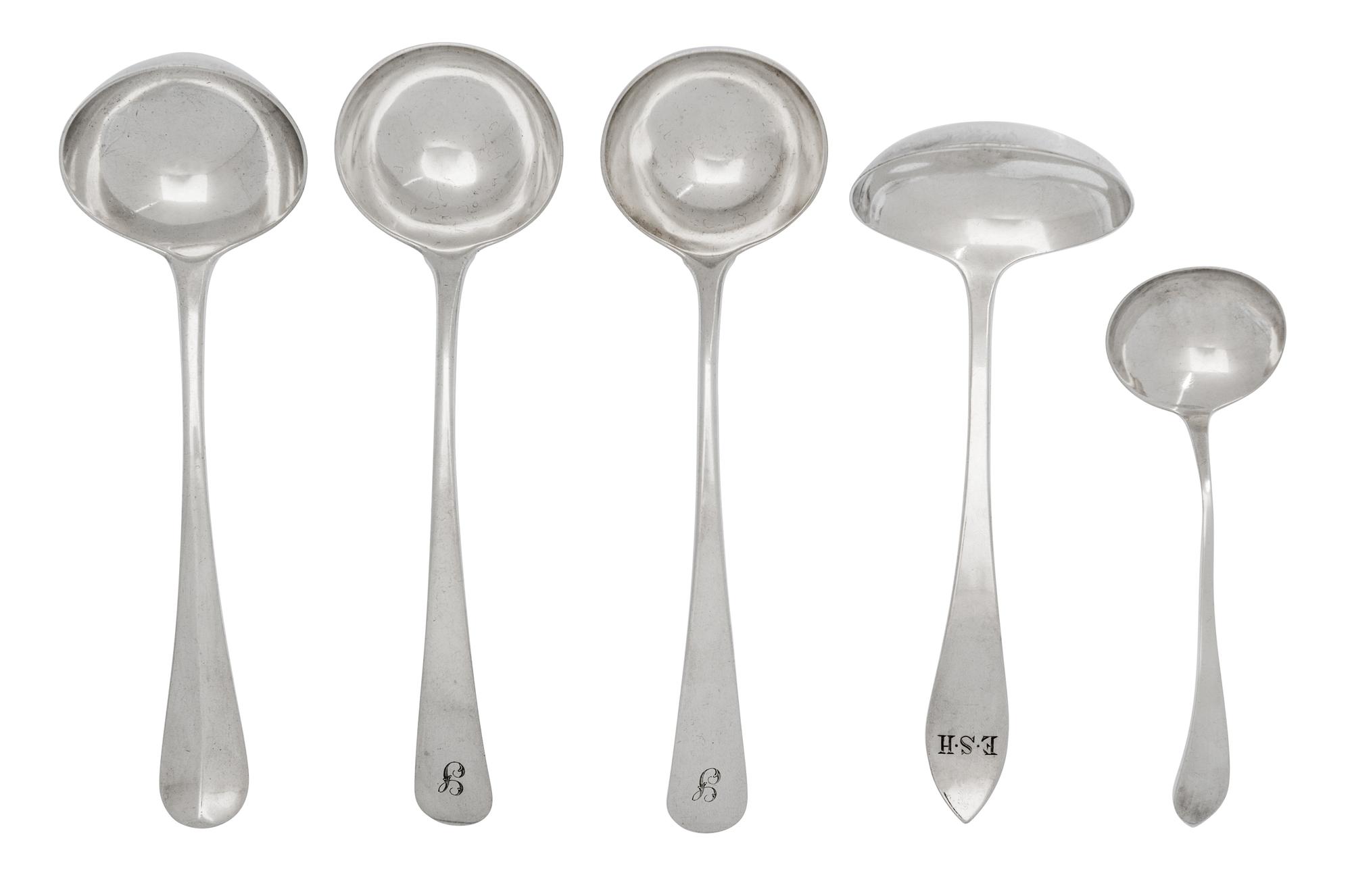 A Collection of Five American and English Silver Ladles, 20th Century, various makers and patterns.