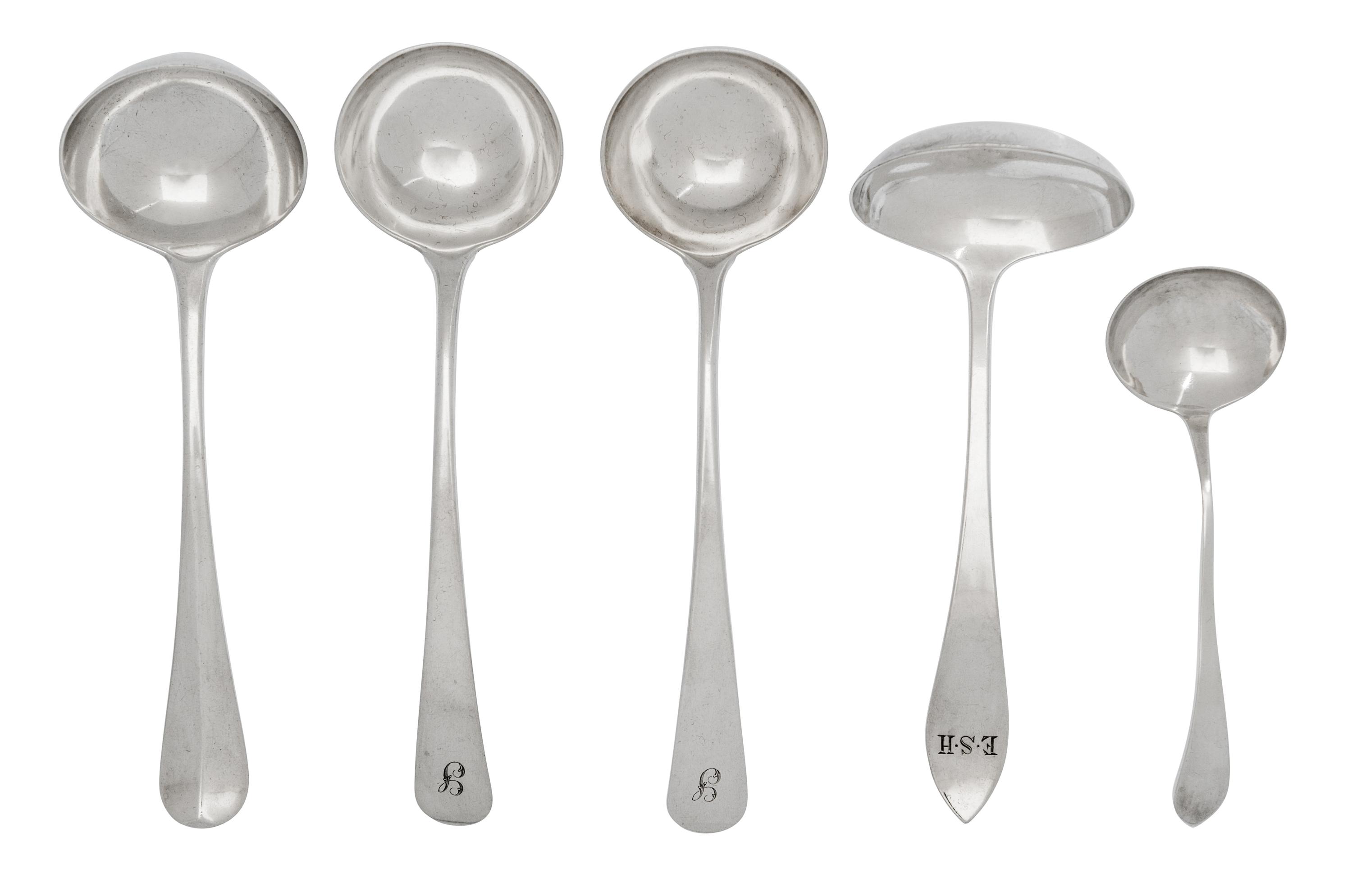 A Collection of Five American and English Silver Ladles, 20th Century, various makers and patterns.