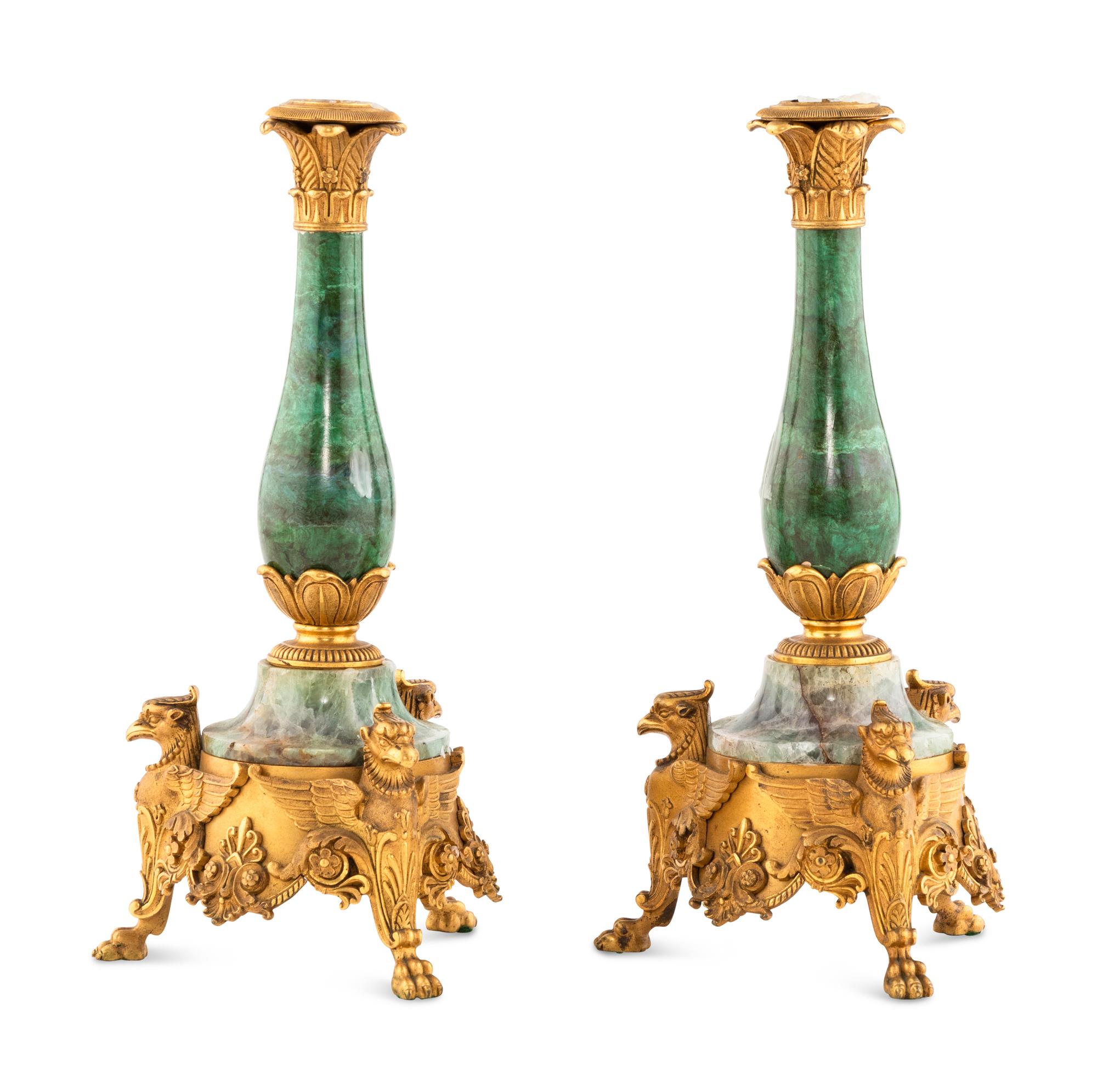 A Pair of Continental Gilt Bronze, Faux Malachite and Green Quartz Candlesticks