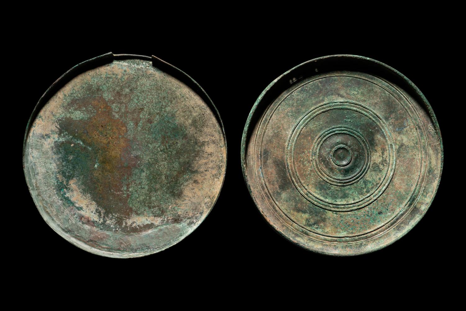 A Greek Bronze Box Mirror with Pan and Eros