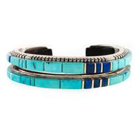 Silver, Turquoise, Ironwood, and Lapis Cuff Bracelet, with Gold Accents Lot is located and will ship from Denver, Colorado.