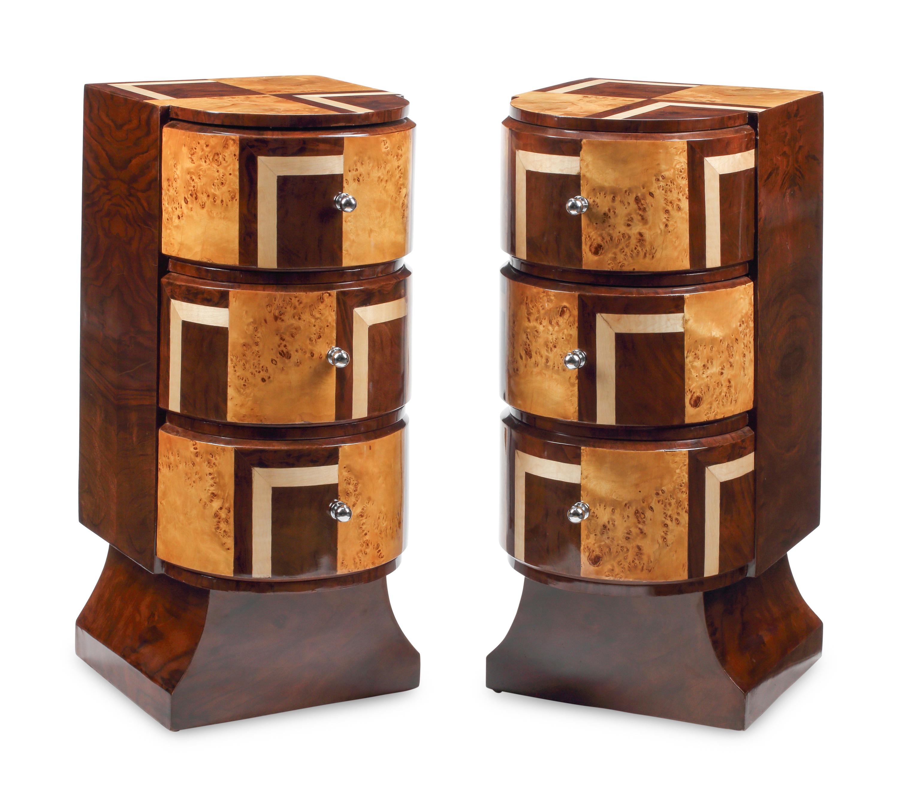 A Pair of Art Deco Style Various Woods Bedside Cabinets
