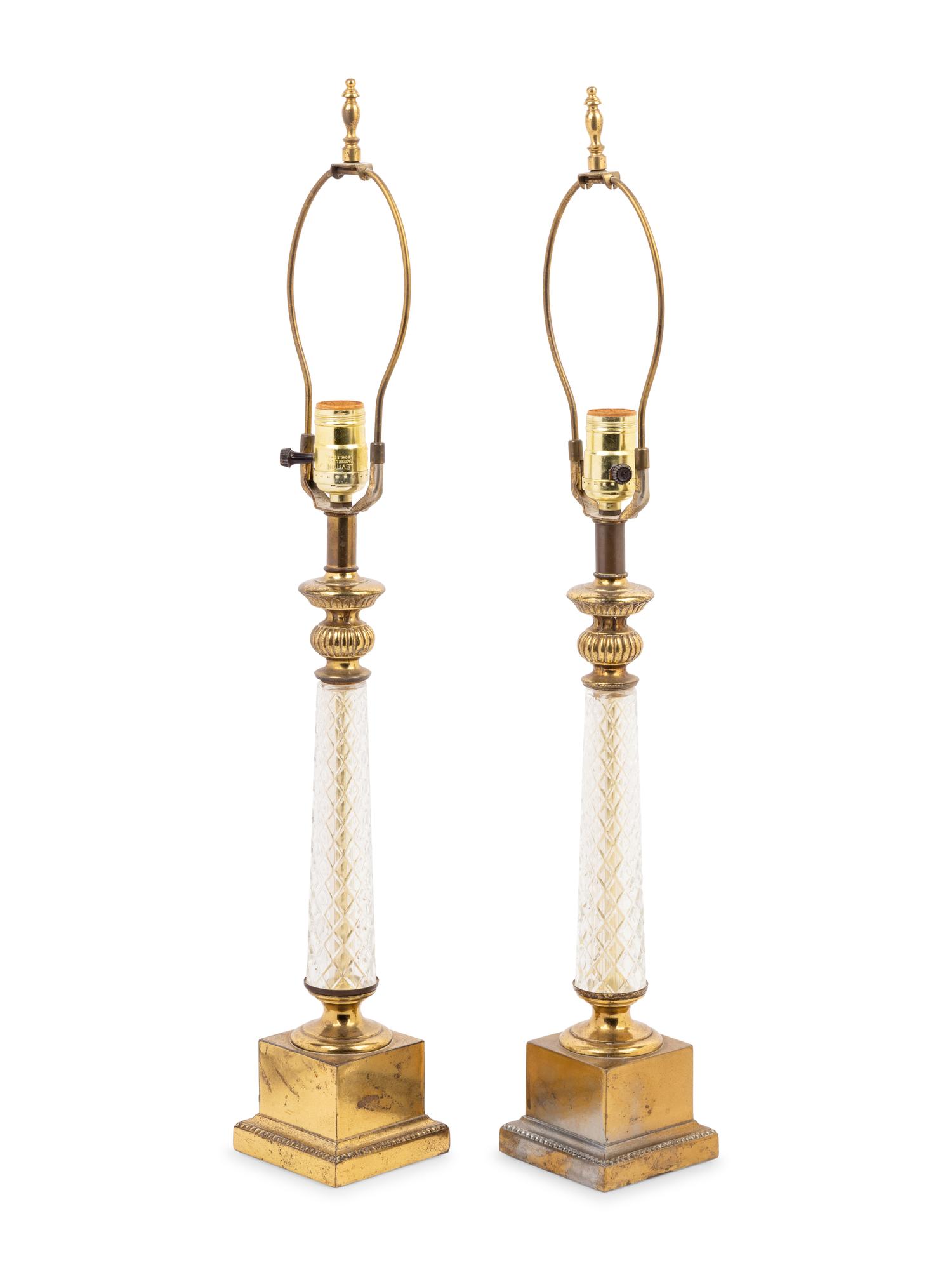 A Pair of Gilt Metal and Cut Glass Mounted Lamps