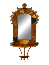 Pair of French Rocaille Specimen Inlaid and Faux Bamboo Hall Mirrors — 20TH CENTURY