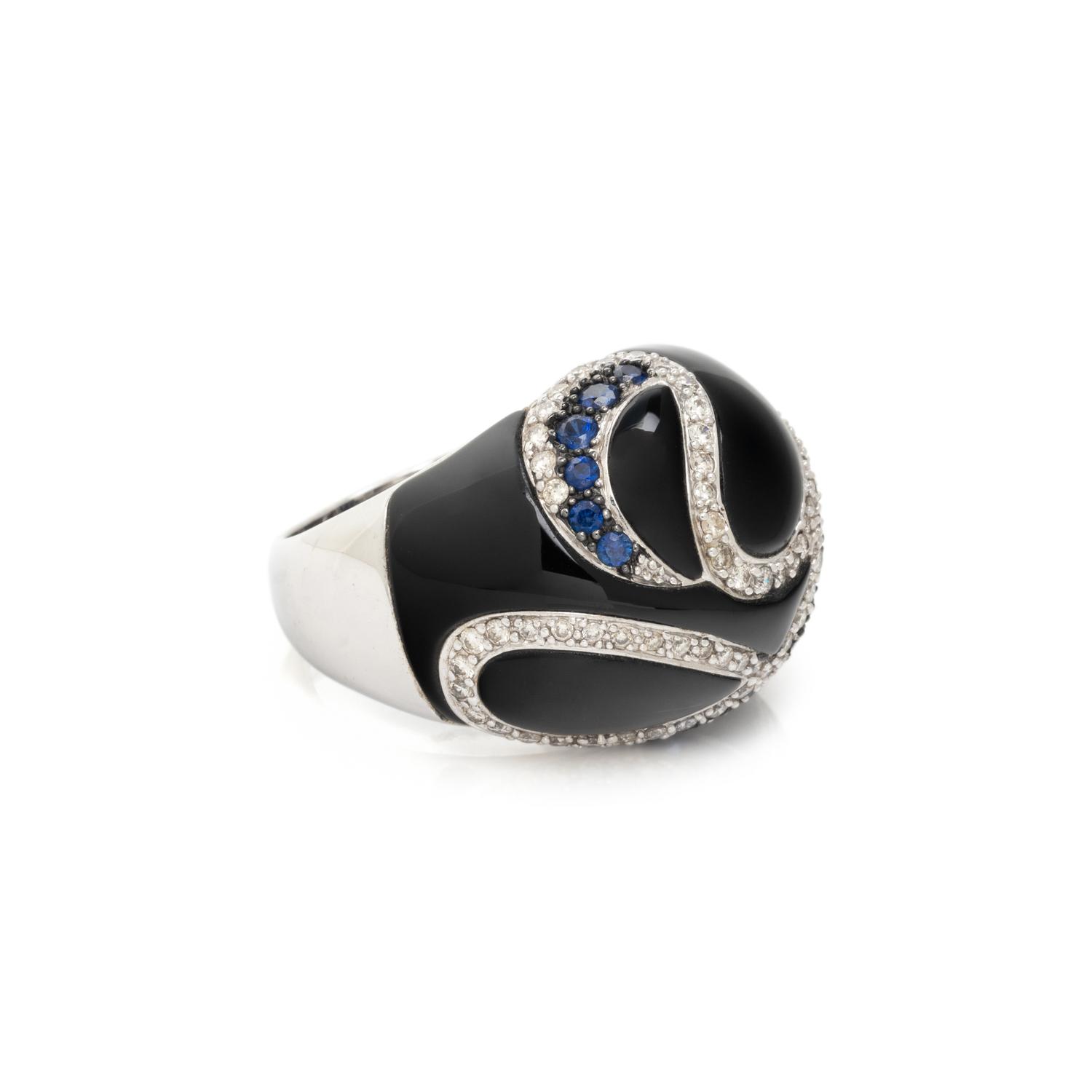 ONYX, DIAMOND AND SAPPHIRE BOMBE RING