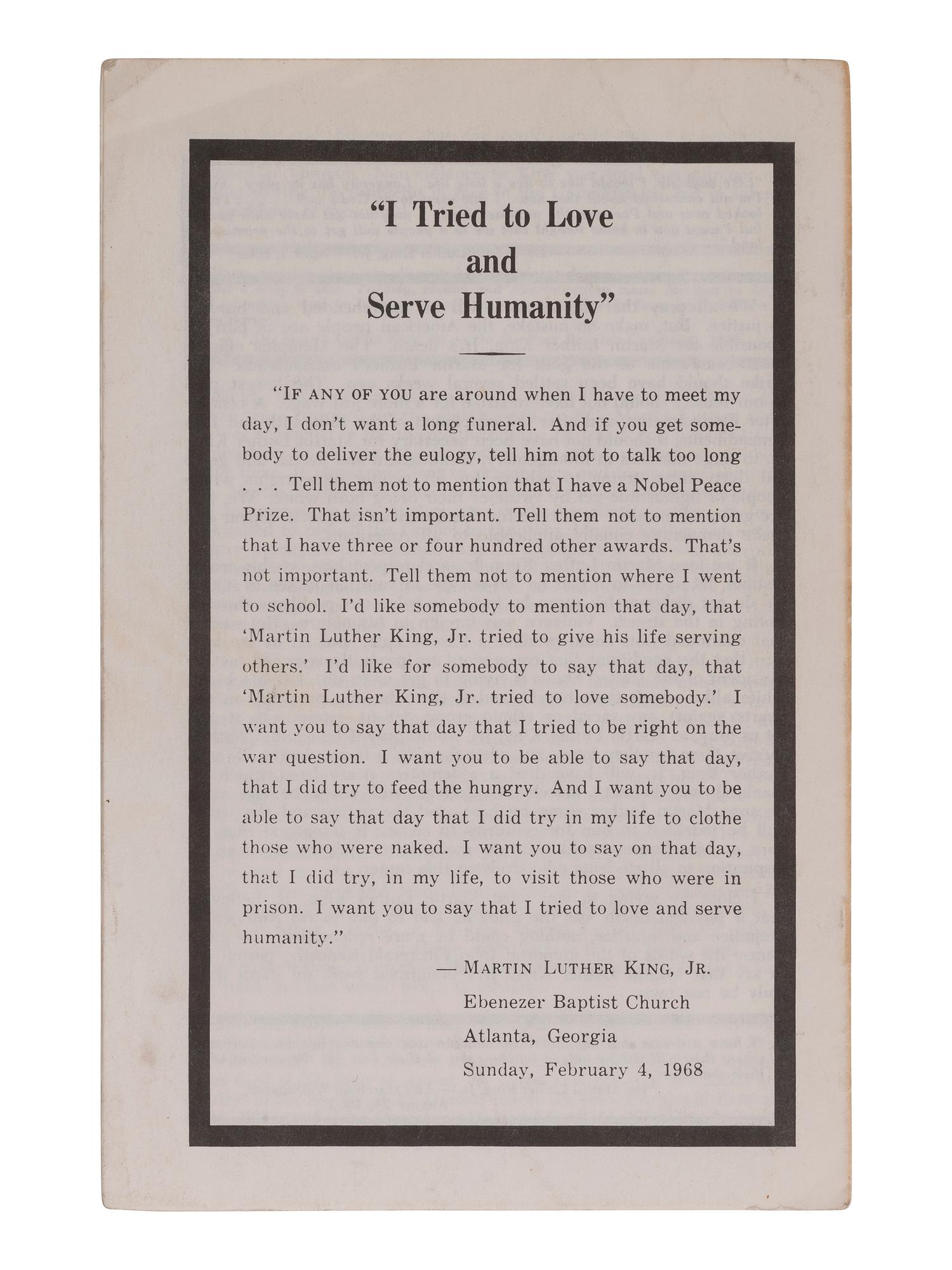 [KING, Martin Luther, Jr.] Eulogy pamphlet printed by Rep. Daisy Elliott. Atlanta, GA. 1968.