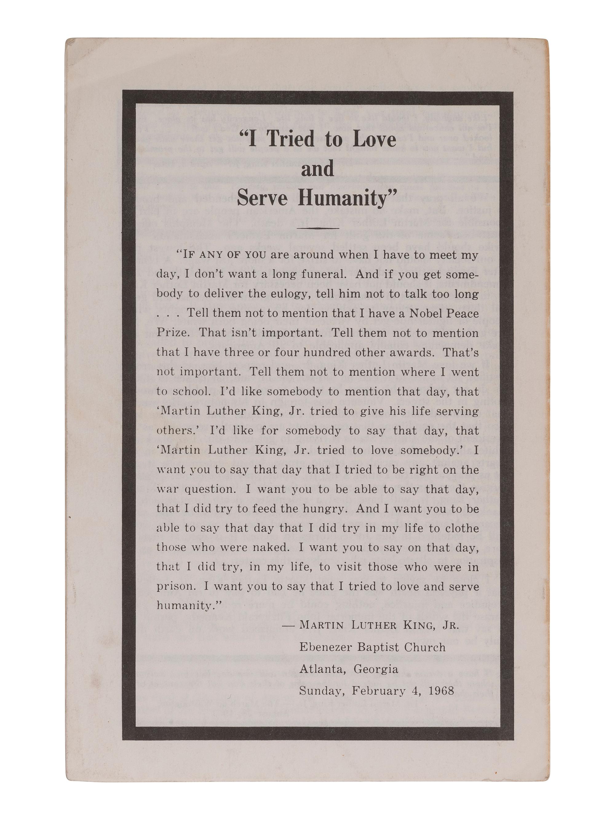 [KING, Martin Luther, Jr.] Eulogy pamphlet printed by Rep. Daisy Elliott. Atlanta, GA. 1968.