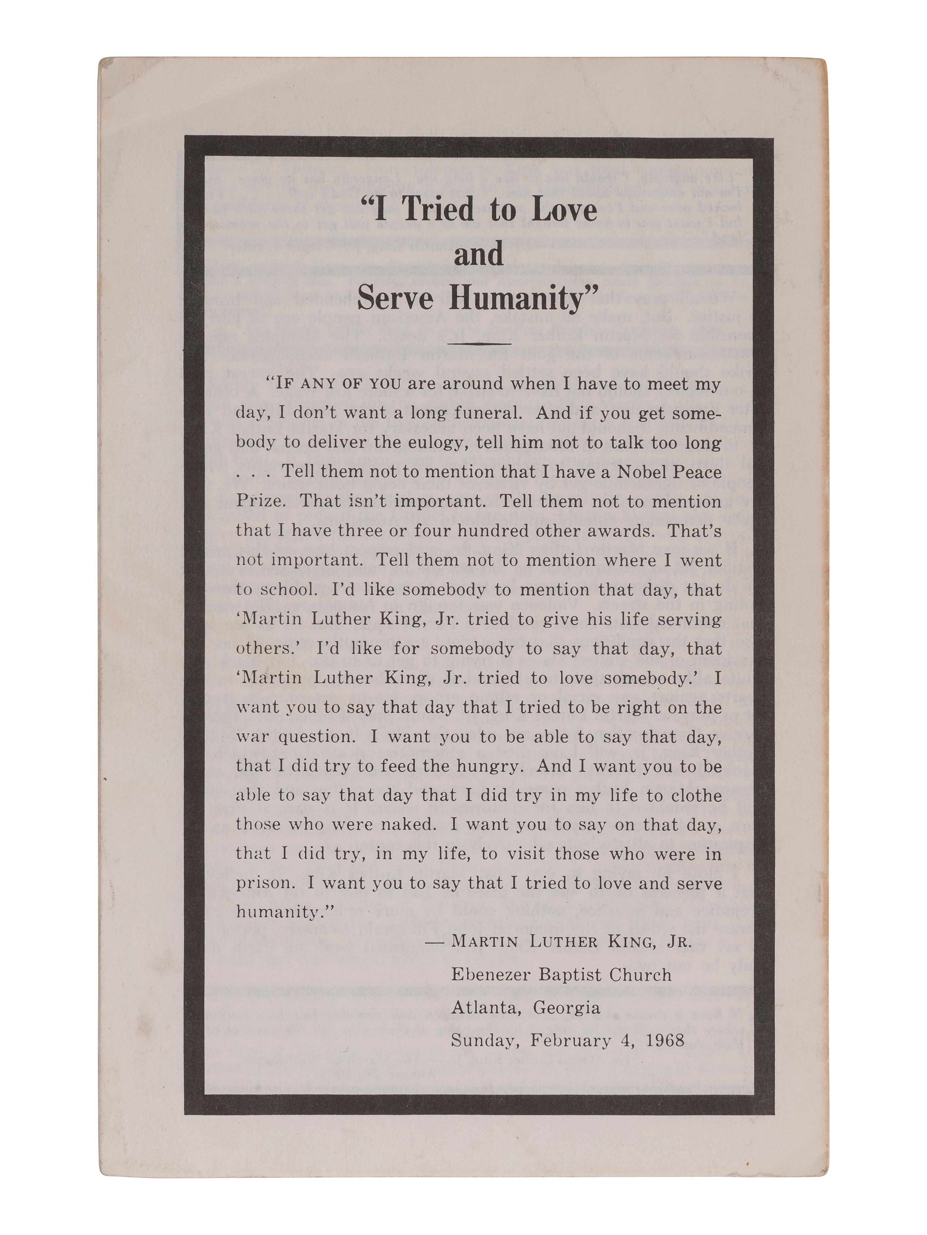 [KING, Martin Luther, Jr.] Eulogy pamphlet printed by Rep. Daisy Elliott. Atlanta, GA. 1968.