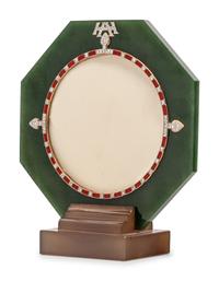 A Cartier Brown Agate, Green Jade, Yellow Gold, Enamel and Diamond Picture Frame