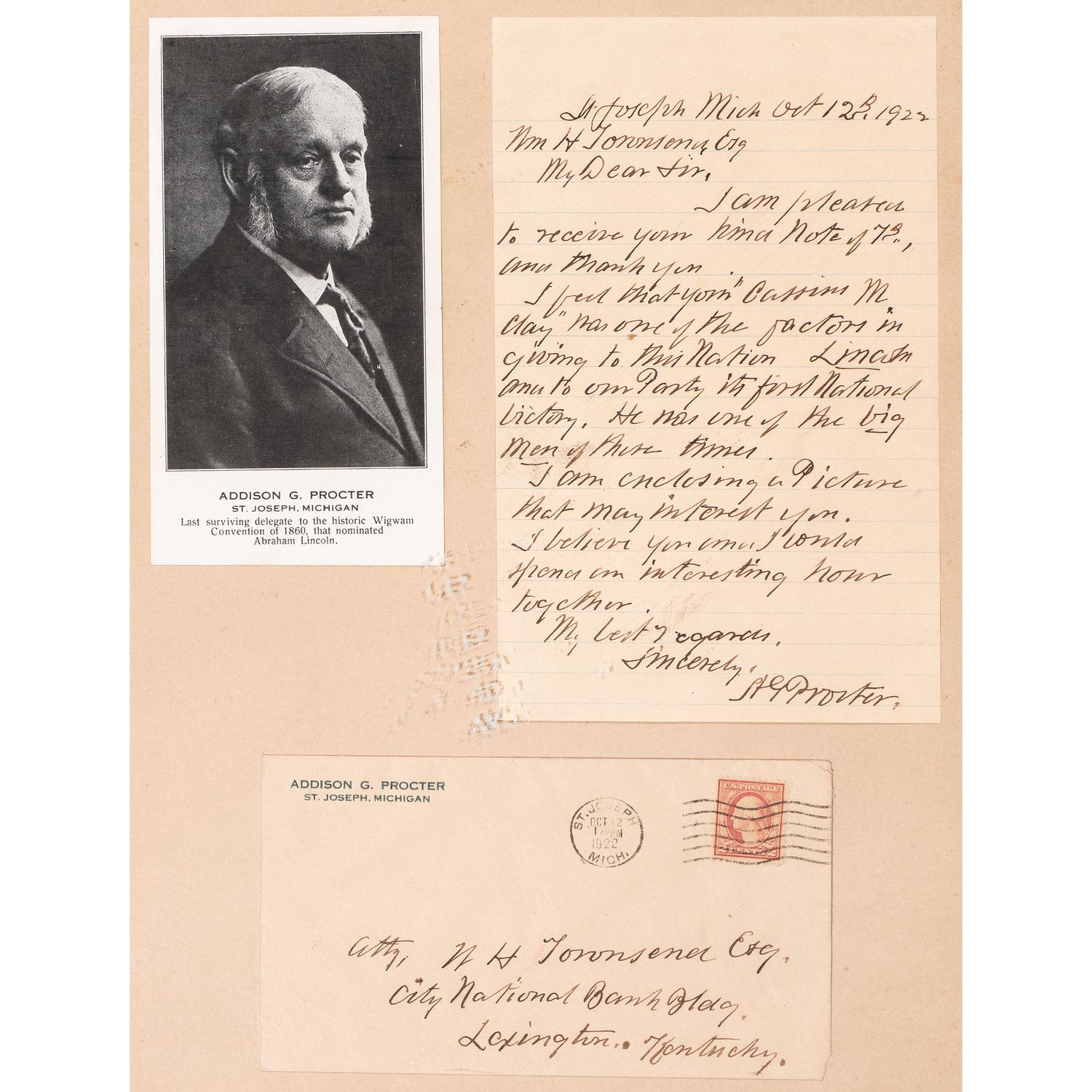 PROCTER, Addison G. (1838-1925). Autograph letter signed ("AG Procter") to William H. Townsend. St. Joseph, Michigan, 12 October 1922.