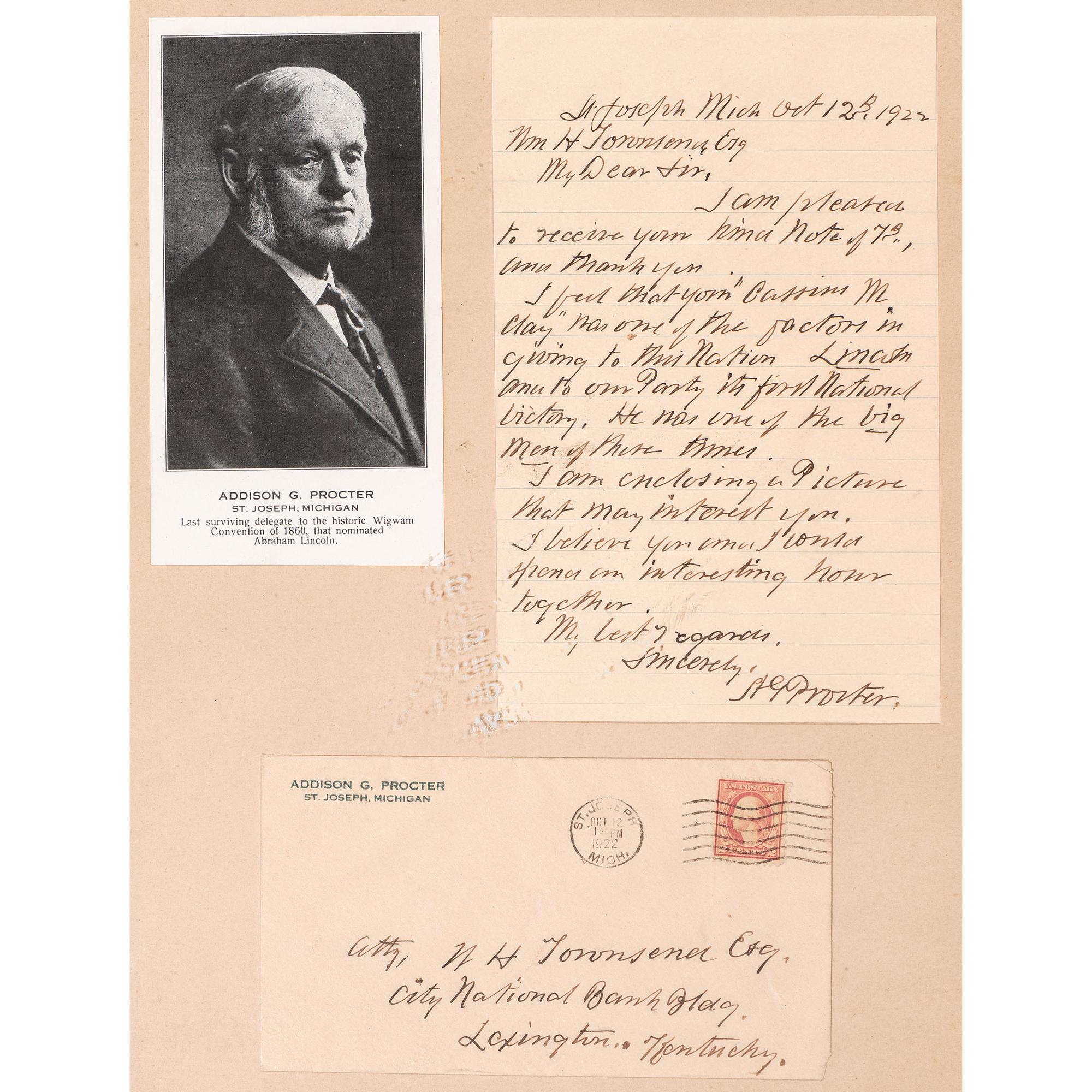 PROCTER, Addison G. (1838-1925). Autograph letter signed ("AG Procter") to William H. Townsend. St. Joseph, Michigan, 12 October 1922.