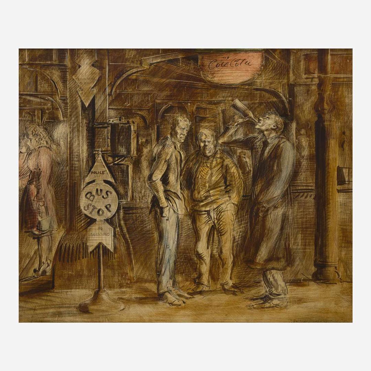 Reginald Marsh (American, 1898-1954) Bus Stop; with Study verso (Double-Sided Work)