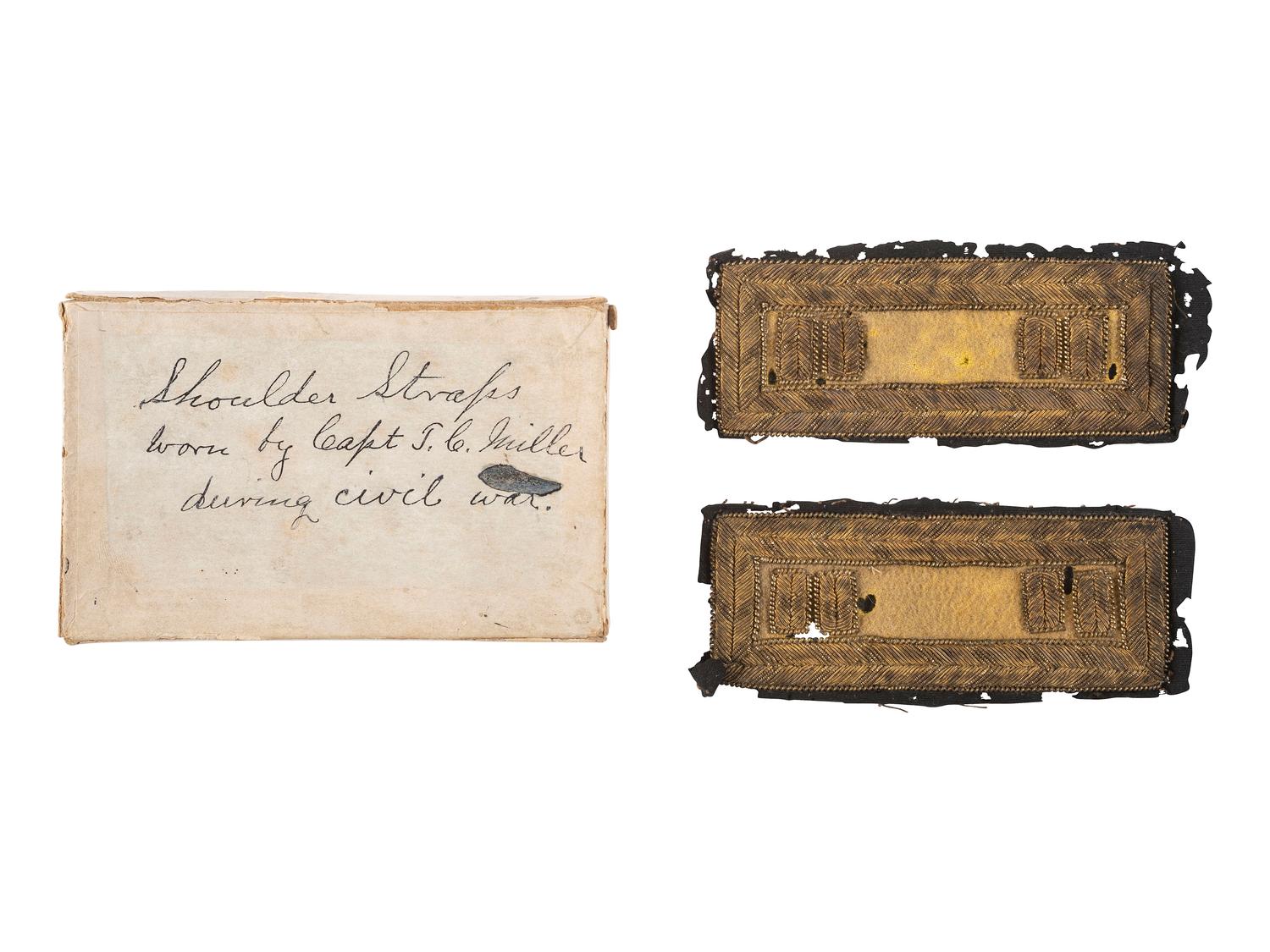 [CIVIL WAR]. Captain of cavalry shoulder straps, Captain Thomas C. Miller, Company F, 7th Missouri Cavalry Regiment.