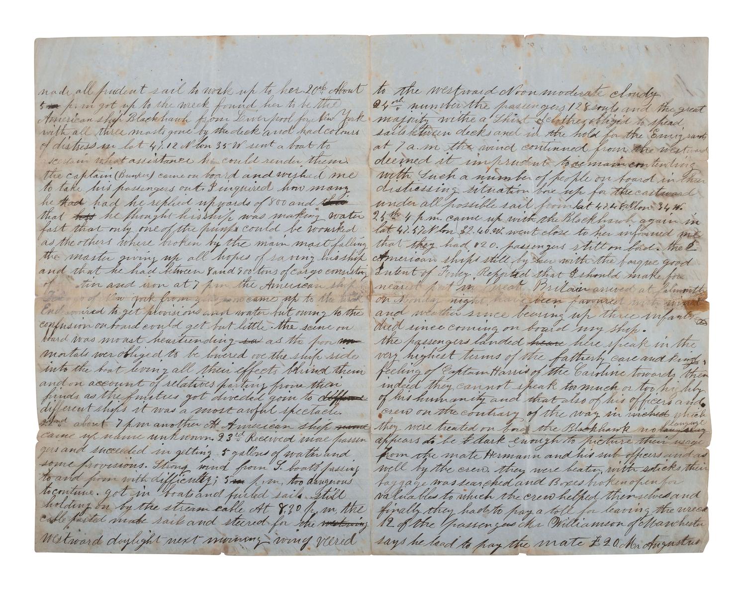 [SHIPWRECK]. Manuscript letter describing a shipwreck involving the barque Caroline . Ca 1830s.