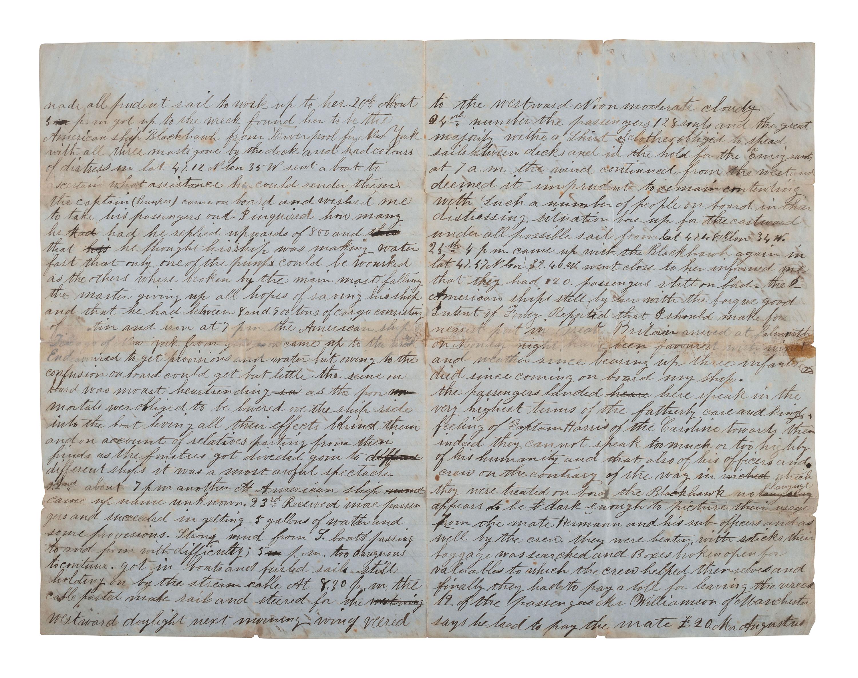 [SHIPWRECK]. Manuscript letter describing a shipwreck involving the barque Caroline . Ca 1830s.