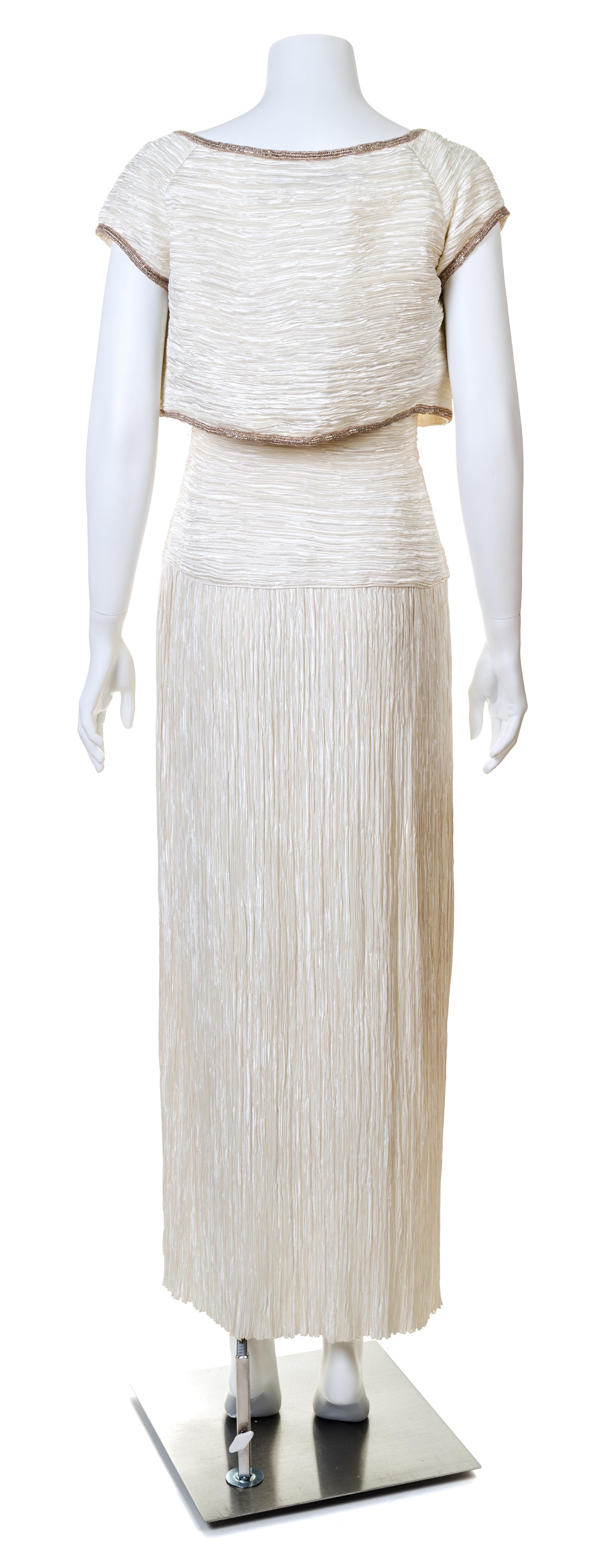 Mary McFadden Cream Pleated Dress and Bolero, 1980s Size label: 4